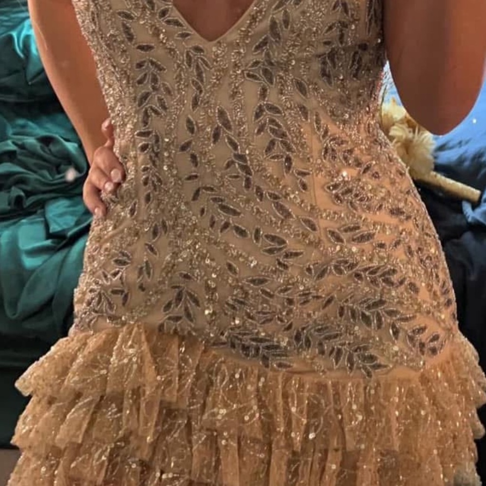 Primavera Couture Gold and Silver Leaf Embellished Dress
